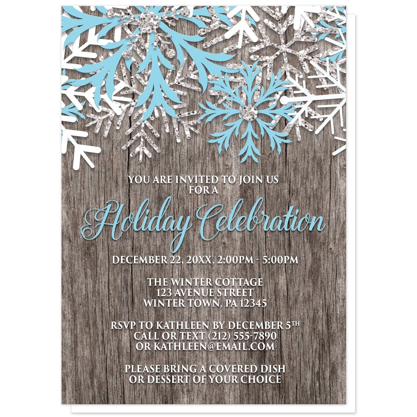 Rustic Winter Wood Blue Snowflake Holiday Invitations at Artistically Invited. Country-inspired rustic winter wood blue snowflake holiday invitations designed with light blue, white, and silver-colored glitter-illustrated snowflakes along the top over a rustic wood pattern illustration. Your personalized holiday party details are arranged in light blue and white over the wood background below the snowflakes.