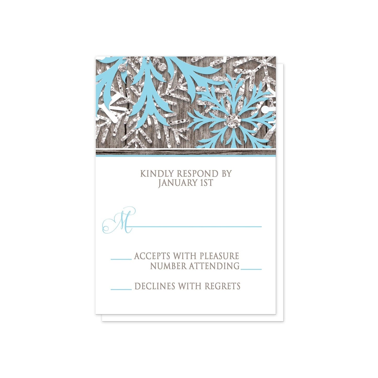 Rustic Winter Wood Blue Snowflake RSVP Cards at Artistically Invited.