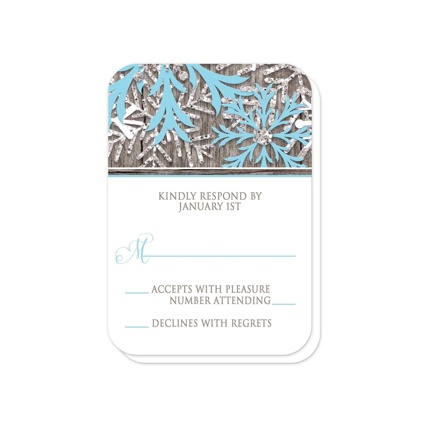 Rustic Winter Wood Blue Snowflake RSVP Cards (with rounded corners) at Artistically Invited.