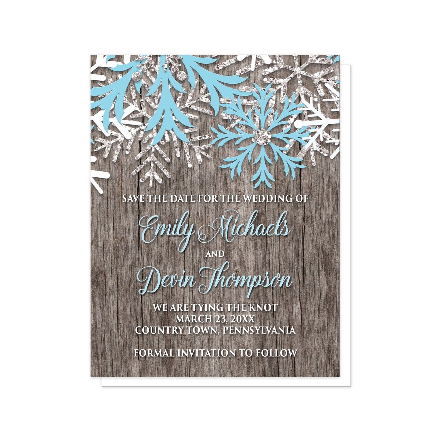 Rustic Winter Wood Blue Snowflake Save the Date Cards at Artistically Invited. Country-inspired rustic winter wood blue snowflake save the date cards designed with light blue, white, and silver-colored glitter-illustrated snowflakes along the top over a rustic wood pattern illustration. Your personalized wedding date details are arranged in light blue and white over the wood background below the snowflakes.