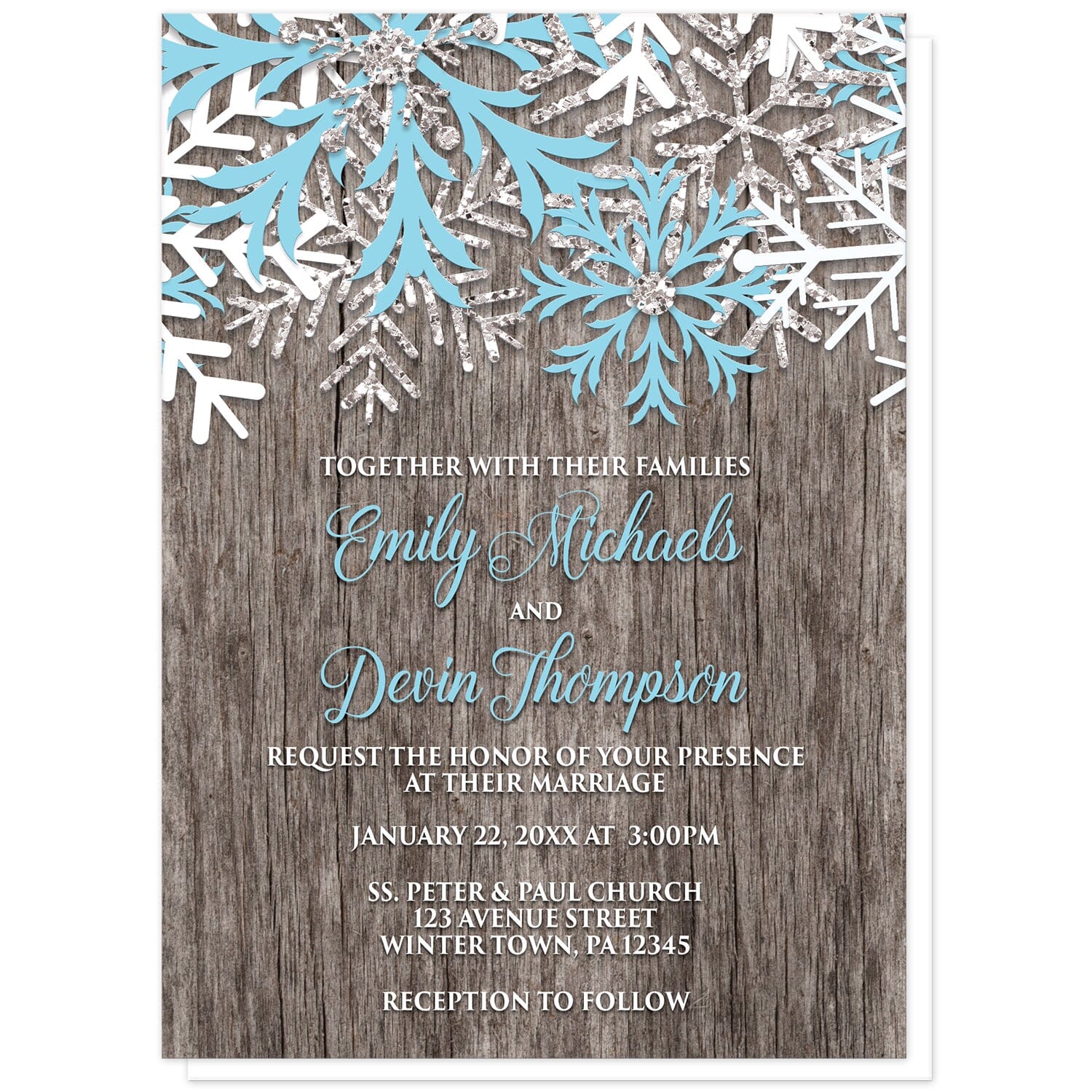 Rustic Winter Wood Blue Snowflake Wedding Invitations at Artistically Invited. Country-inspired rustic winter wood blue snowflake wedding invitations designed with light blue, white, and silver-colored glitter-illustrated snowflakes along the top over a rustic wood pattern illustration. Your personalized marriage celebration details are arranged in light blue and white over the wood background below the snowflakes.