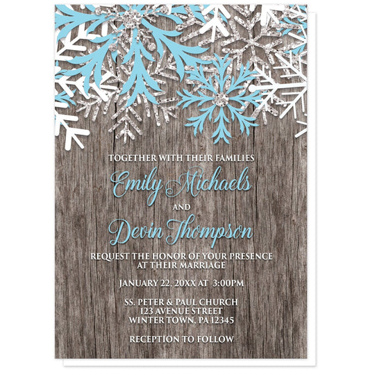 Rustic Winter Wood Blue Snowflake Wedding Invitations at Artistically Invited. Country-inspired rustic winter wood blue snowflake wedding invitations designed with light blue, white, and silver-colored glitter-illustrated snowflakes along the top over a rustic wood pattern illustration. Your personalized marriage celebration details are arranged in light blue and white over the wood background below the snowflakes.
