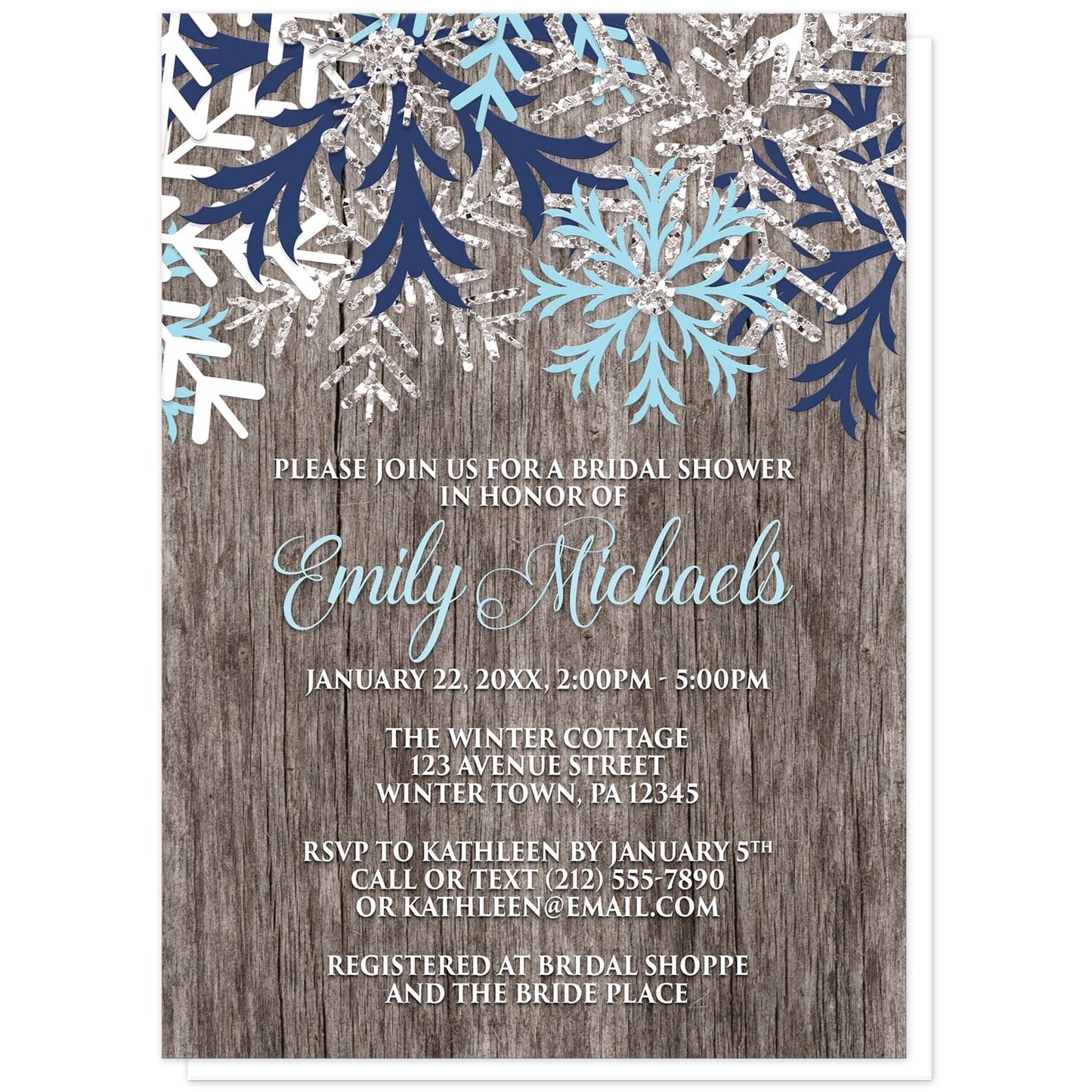 Rustic Winter Wood Navy Aqua Snowflake Bridal Shower Invitations at Artistically Invited. Country-inspired rustic winter wood navy aqua snowflake bridal shower invitations designed with light aqua blue, navy blue, white, and silver-colored glitter-illustrated snowflakes along the top over a rustic wood pattern illustration. Your personalized bridal shower celebration details are arranged in aqua blue and white over the wood background below the snowflakes.