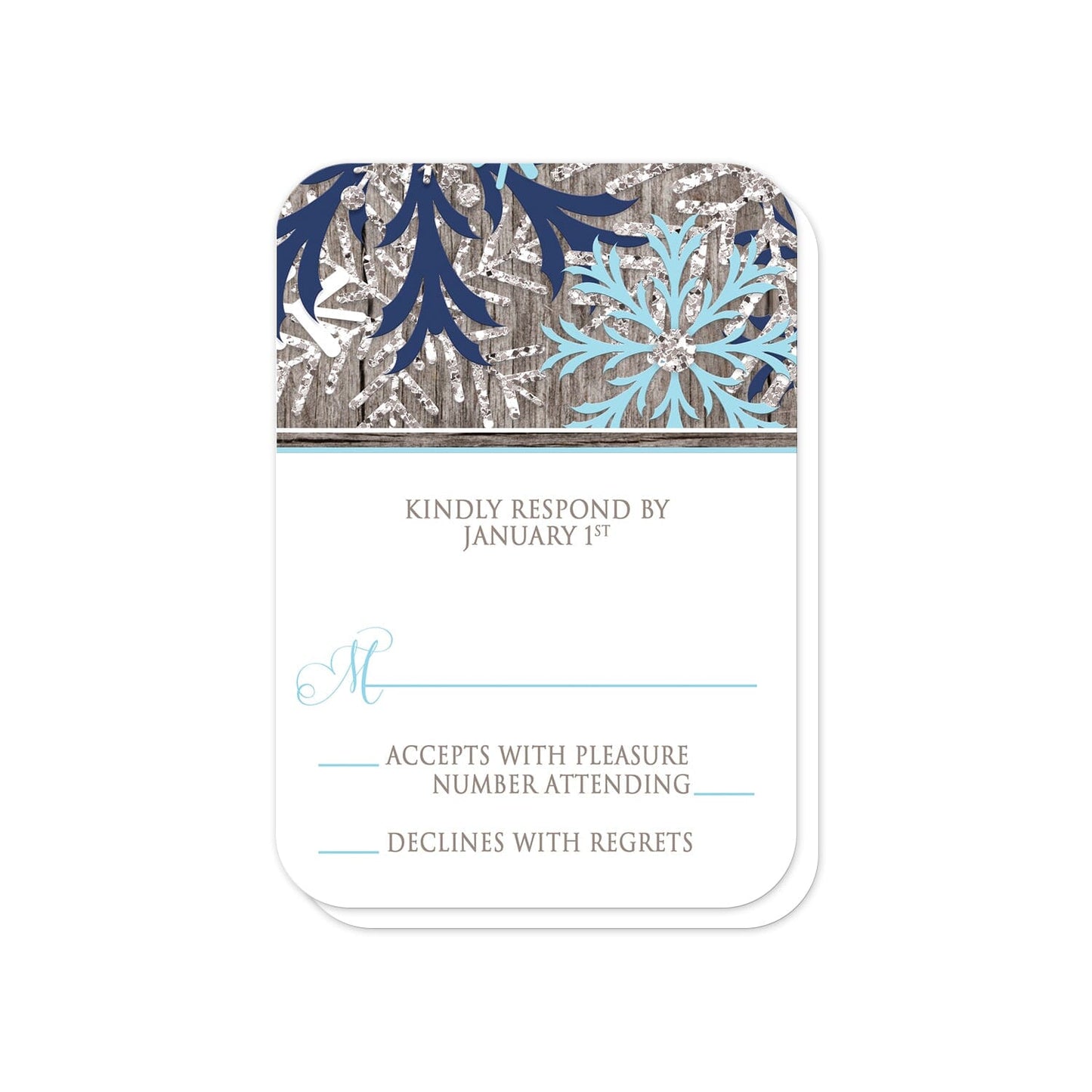 Rustic Winter Wood Navy Aqua Snowflake RSVP Cards (with rounded corners) at Artistically Invited.