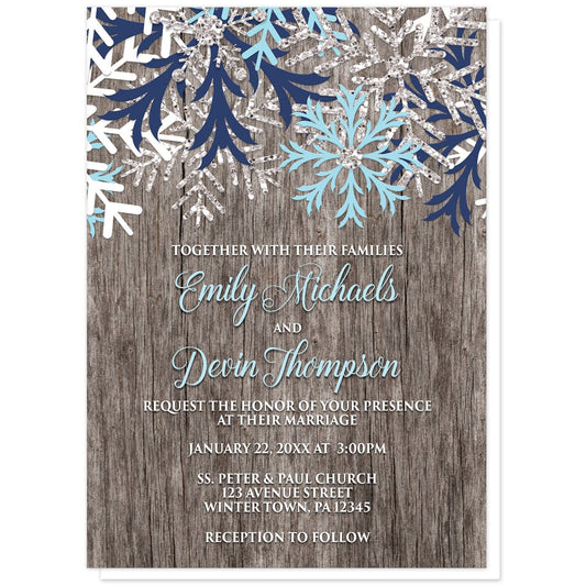 Rustic Winter Wood Navy Aqua Snowflake Wedding Invitations at Artistically Invited. Country-inspired rustic winter wood navy aqua snowflake wedding invitations designed with light aqua blue, navy blue, white, and silver-colored glitter-illustrated snowflakes along the top over a rustic wood pattern illustration. Your personalized marriage celebration details are arranged in aqua blue and white over the wood background below the snowflakes.