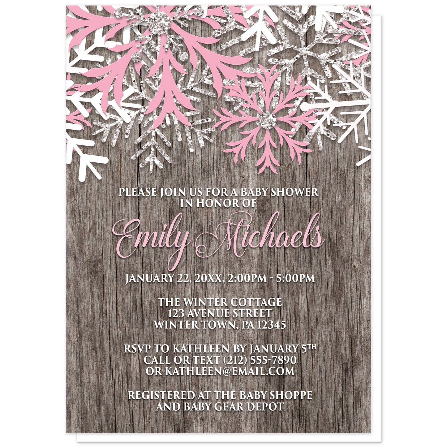 Rustic Winter Wood Pink Snowflake Baby Shower Invitations at Artistically Invited. Country-inspired rustic winter wood pink snowflake baby shower invitations designed with pink, white, and silver-colored glitter-illustrated snowflakes along the top over a rustic wood pattern illustration. Your personalized baby shower celebration details are arranged in pink and white over the wood background below the snowflakes.