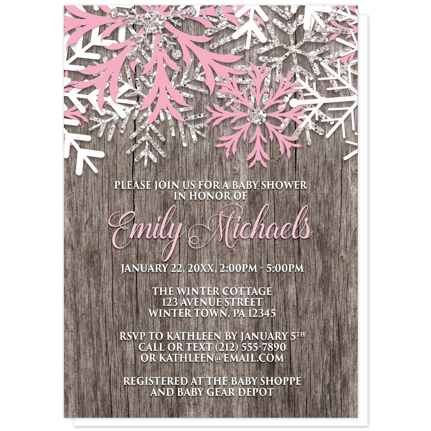 Rustic Winter Wood Pink Snowflake Baby Shower Invitations at Artistically Invited. Country-inspired rustic winter wood pink snowflake baby shower invitations designed with pink, white, and silver-colored glitter-illustrated snowflakes along the top over a rustic wood pattern illustration. Your personalized baby shower celebration details are arranged in pink and white over the wood background below the snowflakes.