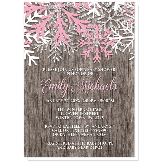 Rustic Winter Wood Pink Snowflake Baby Shower Invitations at Artistically Invited. Country-inspired rustic winter wood pink snowflake baby shower invitations designed with pink, white, and silver-colored glitter-illustrated snowflakes along the top over a rustic wood pattern illustration. Your personalized baby shower celebration details are arranged in pink and white over the wood background below the snowflakes.