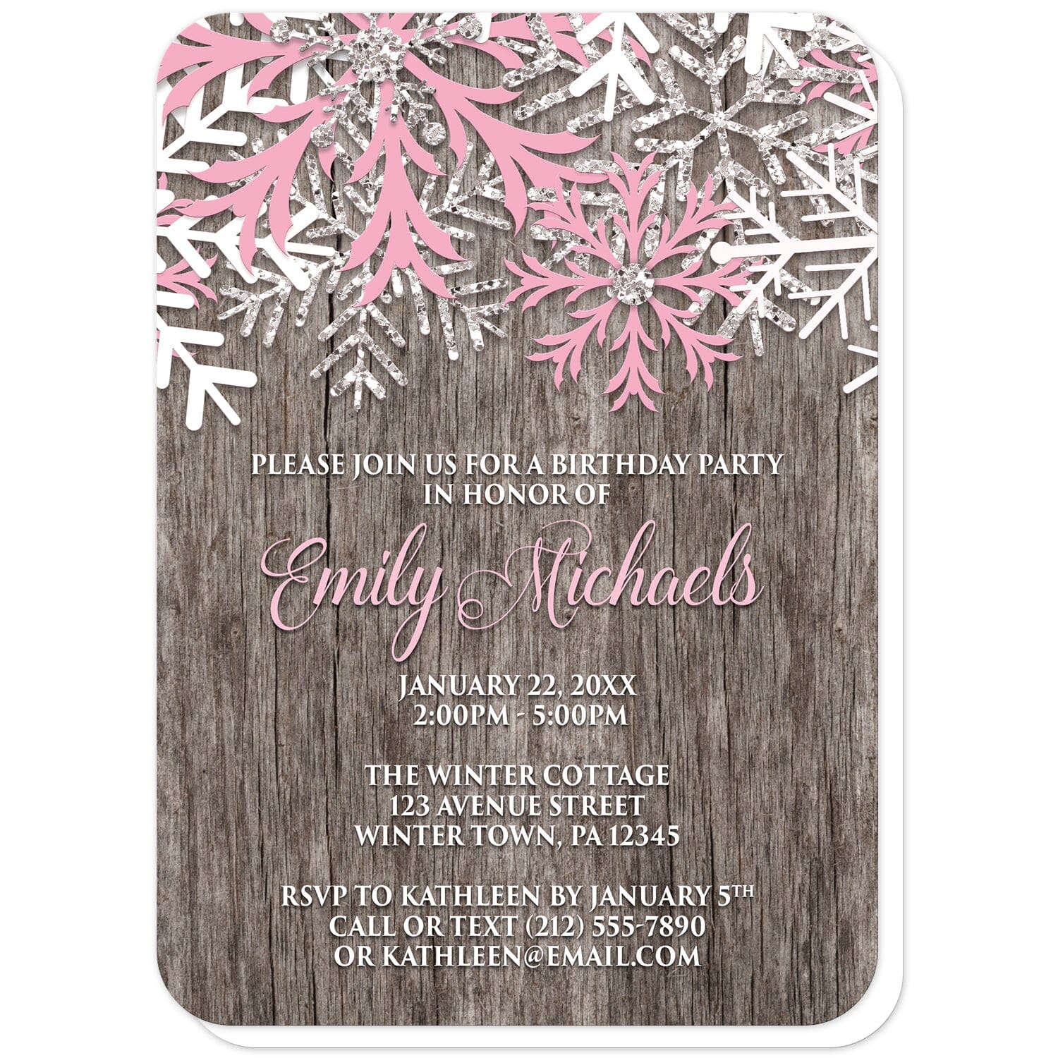 Rustic Winter Wood Pink Snowflake Birthday Invitations (with rounded corners) at Artistically Invited. Country-inspired rustic winter wood pink snowflake birthday invitations designed with pink, white, and silver-colored glitter-illustrated snowflakes along the top over a rustic wood pattern illustration. Your personalized birthday party details are custom printed in pink and white over the wood background below the snowflakes.