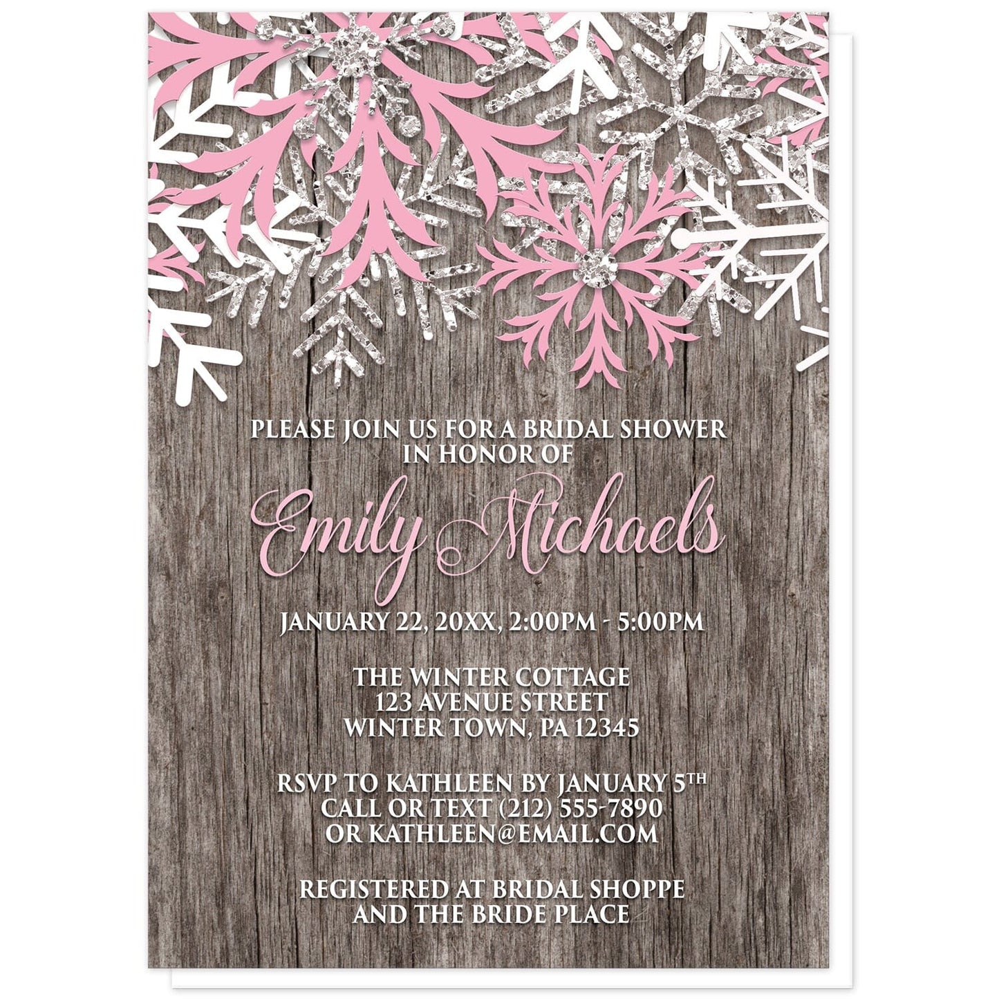 Rustic Winter Wood Pink Snowflake Bridal Shower Invitations at Artistically Invited. Country-inspired rustic winter wood pink snowflake bridal shower invitations designed with pink, white, and silver-colored glitter-illustrated snowflakes along the top over a rustic wood pattern illustration. Your personalized bridal shower celebration details are arranged in pink and white over the wood background below the snowflakes.