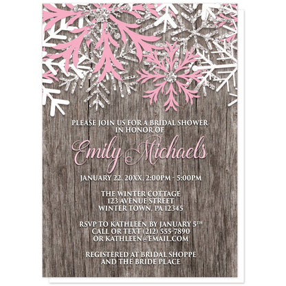 Rustic Winter Wood Pink Snowflake Bridal Shower Invitations at Artistically Invited. Country-inspired rustic winter wood pink snowflake bridal shower invitations designed with pink, white, and silver-colored glitter-illustrated snowflakes along the top over a rustic wood pattern illustration. Your personalized bridal shower celebration details are custom printed in pink and white over the wood background below the snowflakes.
