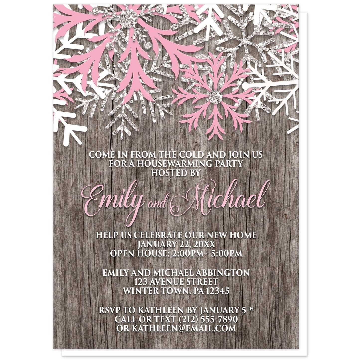 Rustic Winter Wood Pink Snowflake Housewarming Invitations at Artistically Invited. Country-inspired rustic winter wood pink snowflake housewarming invitations designed with pink, white, and silver-colored glitter-illustrated snowflakes along the top over a rustic wood pattern illustration. Your personalized housewarming celebration details are arranged in pink and white over the wood background below the snowflakes.