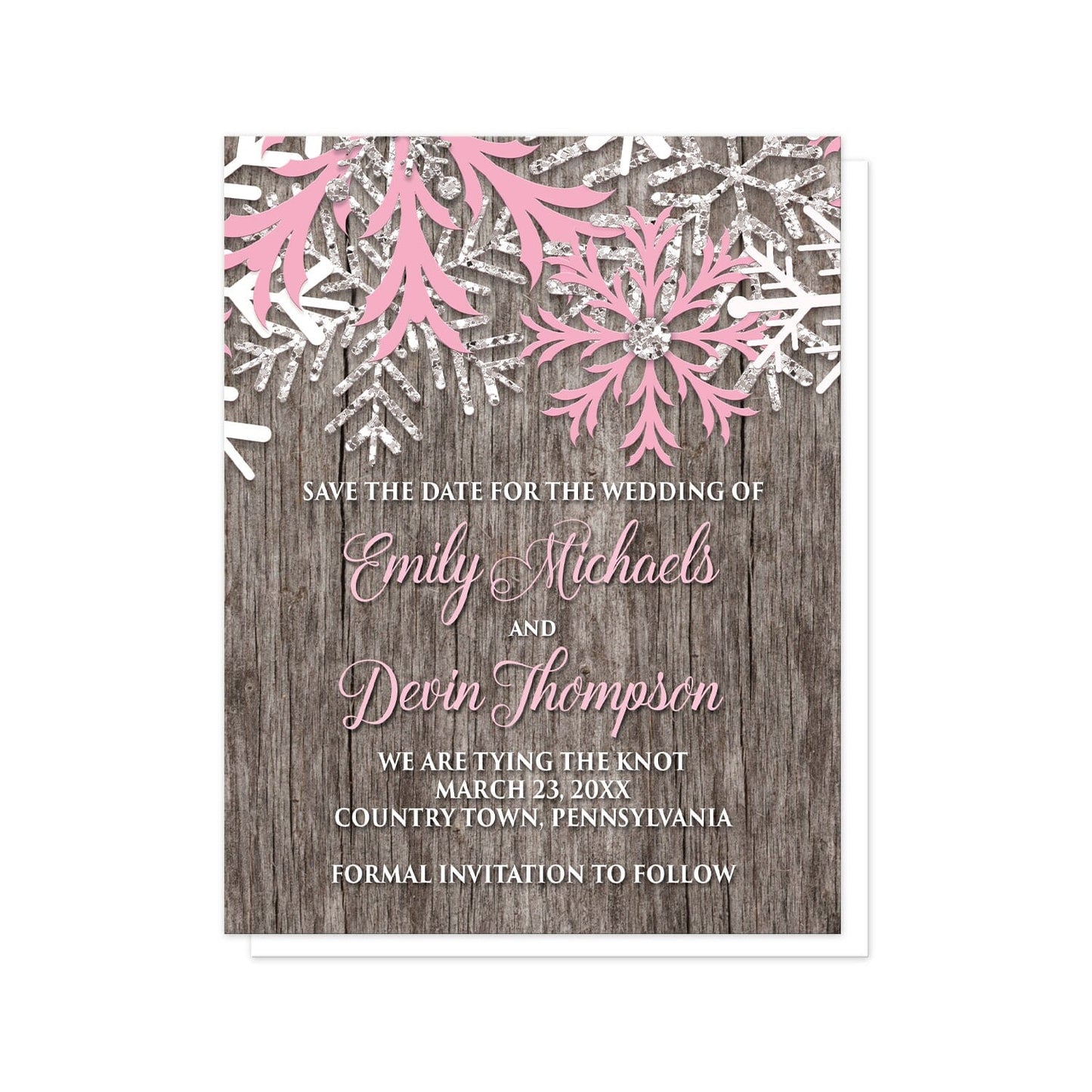 Rustic Winter Wood Pink Snowflake Save the Date Cards at Artistically Invited. Country-inspired rustic winter wood pink snowflake save the date cards designed with pink, white, and silver-colored glitter-illustrated snowflakes along the top over a rustic wood pattern illustration. Your personalized wedding date details are arranged in pink and white over the wood background below the snowflakes.