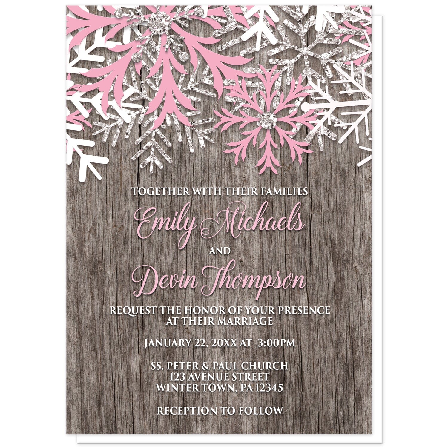 Rustic Winter Wood Pink Snowflake Wedding Invitations at Artistically Invited. Country-inspired rustic winter wood pink snowflake wedding invitations designed with pink, white, and silver-colored glitter-illustrated snowflakes along the top over a rustic wood pattern illustration. Your personalized marriage celebration details are arranged in pink and white over the wood background below the snowflakes.