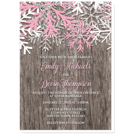 Rustic Winter Wood Pink Snowflake Wedding Invitations at Artistically Invited. Country-inspired rustic winter wood pink snowflake wedding invitations designed with pink, white, and silver-colored glitter-illustrated snowflakes along the top over a rustic wood pattern illustration. Your personalized marriage celebration details are arranged in pink and white over the wood background below the snowflakes.