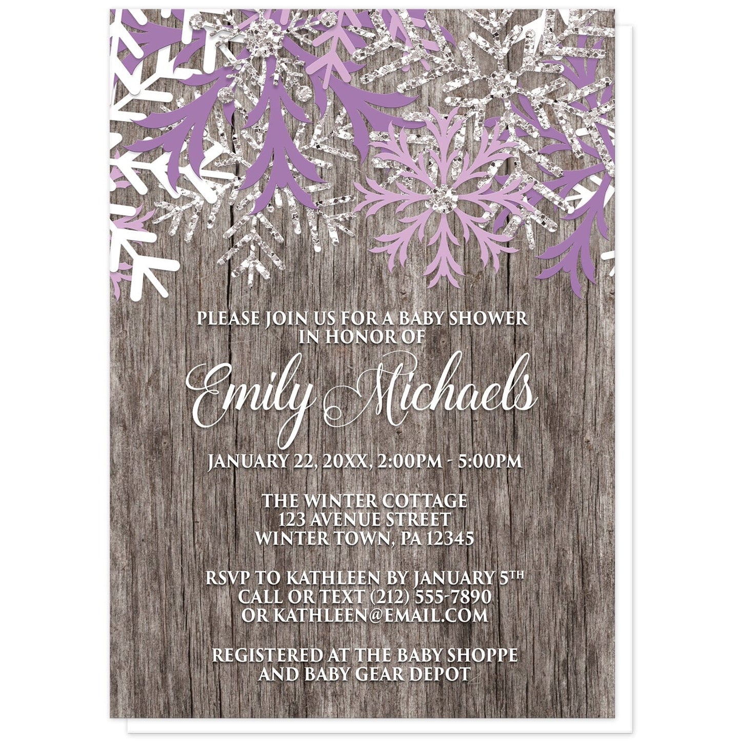 Rustic Winter Wood Purple Snowflake Baby Shower Invitations at Artistically Invited. Country-inspired rustic winter wood purple snowflake baby shower invitations designed with purple, light purple, white, and silver-colored glitter-illustrated snowflakes along the top over a rustic wood pattern illustration. Your personalized baby shower celebration details are arranged in white over the wood background below the snowflakes.