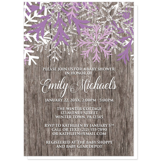 Rustic Winter Wood Purple Snowflake Baby Shower Invitations at Artistically Invited. Country-inspired rustic winter wood purple snowflake baby shower invitations designed with purple, light purple, white, and silver-colored glitter-illustrated snowflakes along the top over a rustic wood pattern illustration. Your personalized baby shower celebration details are arranged in white over the wood background below the snowflakes.