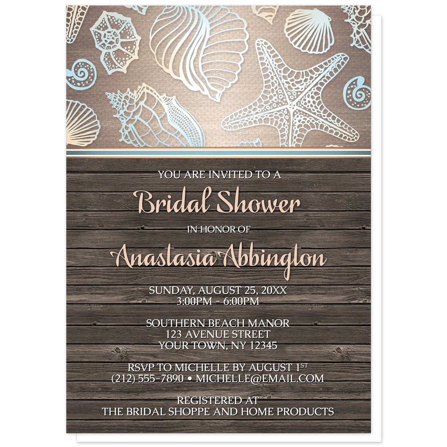 Rustic Wood Beach Seashell Bridal Shower Invitations at Artistically Invited. Rustic wood beach seashell bridal shower invitations with a blue, orange, and white seashell outline pattern over a gradient sandy canvas texture illustration at the top. Your personalized bridal shower celebration details are arranged in white and light orange over a brown wood background below the seashells.