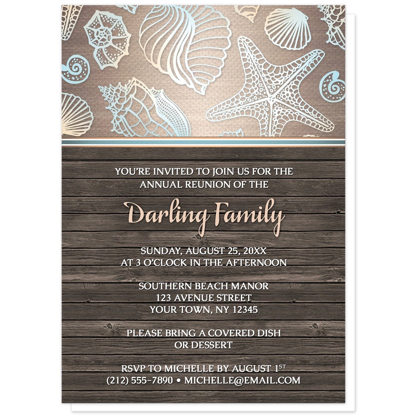 Rustic Wood Beach Seashell Family Reunion Invitations at Artistically Invited. Rustic wood beach seashell family reunion invitations with a blue, orange, and white seashell outline pattern over a gradient sandy canvas texture illustration at the top. Your personalized reunion celebration details are arranged in white and light orange over a brown wood background below the seashells.