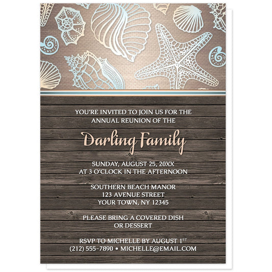 Rustic Wood Beach Seashell Family Reunion Invitations at Artistically Invited. Rustic wood beach seashell family reunion invitations with a blue, orange, and white seashell outline pattern over a gradient sandy canvas texture illustration at the top. Your personalized reunion celebration details are arranged in white and light orange over a brown wood background below the seashells.