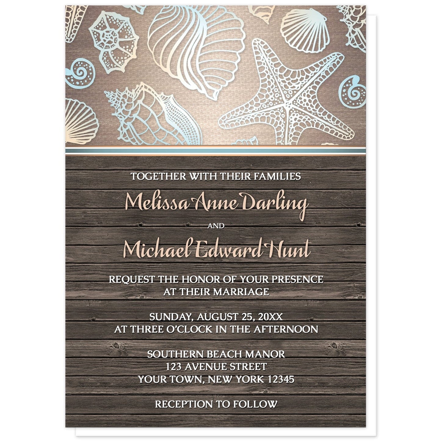 Rustic Wood Beach Seashell Wedding Invitations at Artistically Invited. Rustic wood beach seashell wedding invitations with a blue, orange, and white seashell outline pattern over a gradient sandy canvas texture illustration at the top. Your personalized marriage celebration details are arranged in white and light orange over a brown wood background below the seashells.