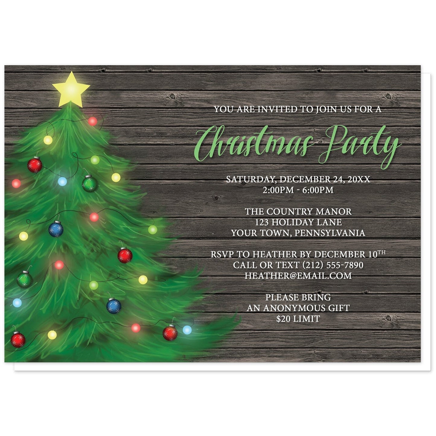 Rustic Wood Holiday Tree Christmas Party Invitations at Artistically Invited. Uniquely-illustrated rustic wood holiday tree Christmas party invitations with a whimsical holiday tree illustration on the lefts side featuring lights and ornaments and topped with a yellow star. Your personalized Christmas party details are arranged in a green script font for your celebration title and an all-capital letters white font for the remaining details over a rustic wood background.