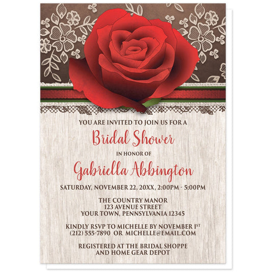 Rustic Wood Lace Red Rose Bridal Shower Invitations at Artistically Invited. Beautiful rustic wood lace red rose bridal shower invitations with a lovely large red rose illustration over a rich brown background with a cream lace design at the top of the invitations. Your personalized bridal shower celebration details are arranged in red and brown over a light wood pattern background below the red rose.