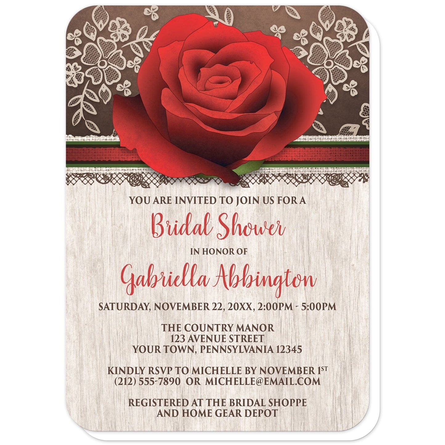 Rustic Wood Lace Red Rose Bridal Shower Invitations (with rounded corners) at Artistically Invited. Beautiful rustic wood lace red rose bridal shower invitations with a lovely large red rose illustration over a rich brown background with a cream lace design at the top of the invitations. Your personalized bridal shower celebration details are custom printed in red and brown over a light wood pattern background below the red rose.