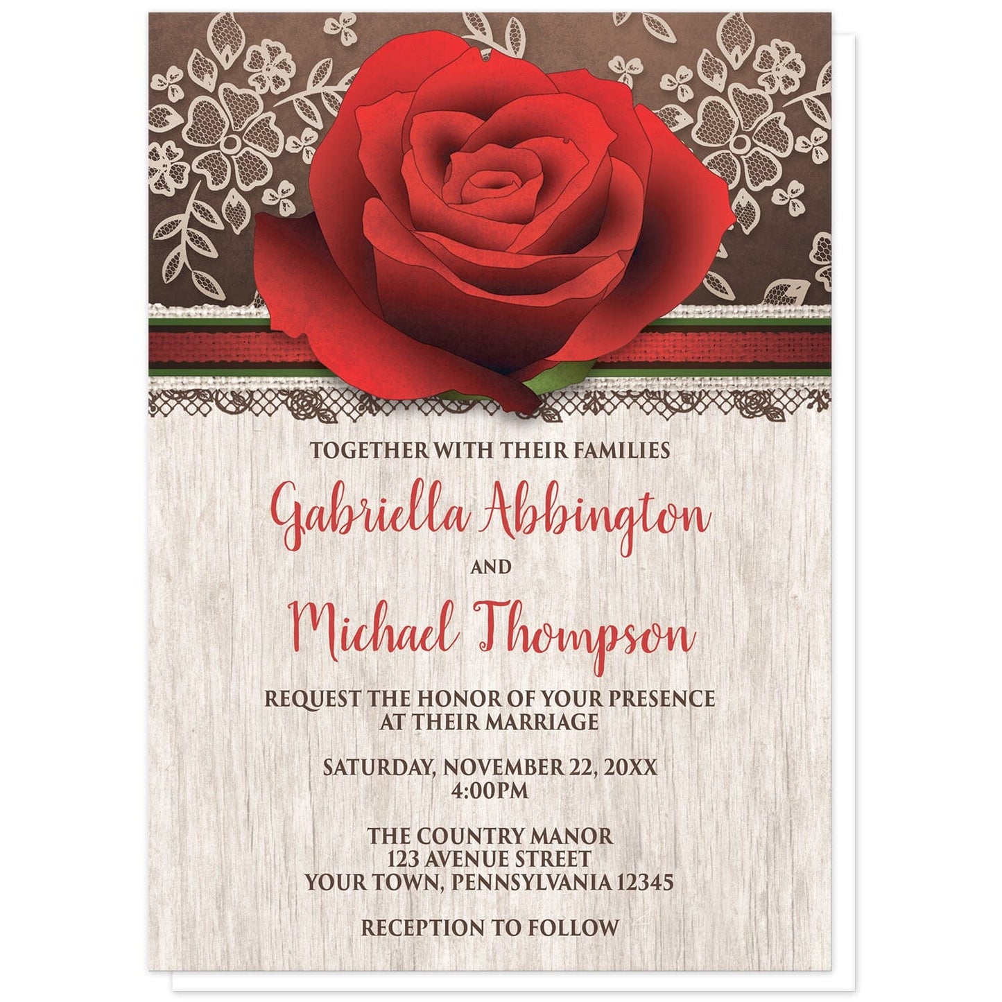 Rustic Wood Lace Red Rose Wedding Invitations at Artistically Invited. Beautiful rustic wood lace red rose wedding invitations with a lovely large red rose illustration over a rich brown background with a cream lace design at the top of the invitations. Your personalized marriage celebration details are arranged in red and brown over a light wood pattern background below the red rose.