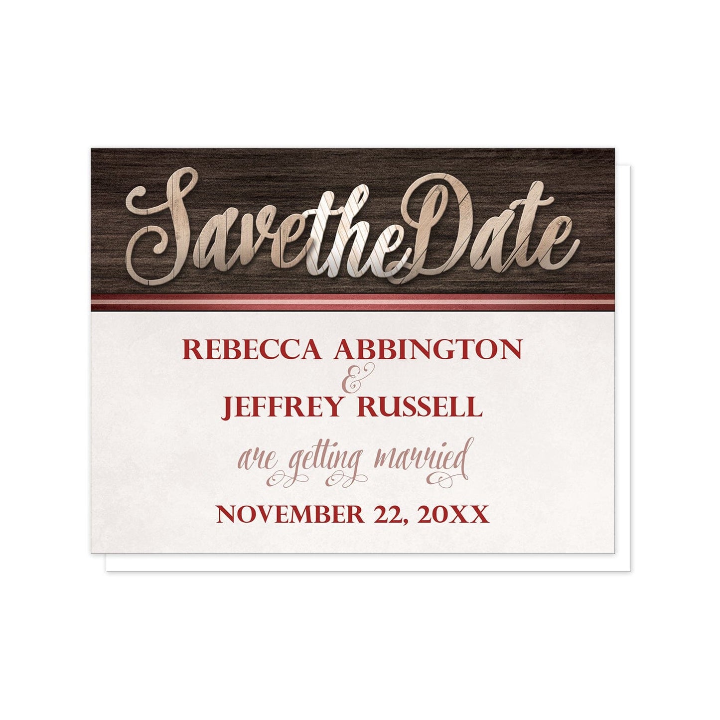 Rustic Wood Lettering with Red Save the Date Cards at Artistically Invited. Rustic wood lettering with red save the date cards designed with "Save the Date" in a wooden letters illustration over a dark wood background along the top. Your personalized wedding date details are arranged in red and light brown over a beige background below the wooden letter illustration.