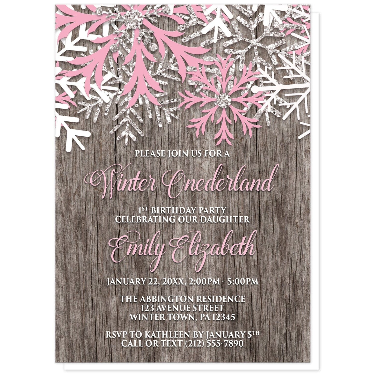 Rustic Wood Pink Snowflake Winter Onederland Invitations at Artistically Invited. Country-inspired rustic wood pink snowflake Winter Onederland invitations designed with pink, white, and silver-colored glitter-illustrated snowflakes along the top over a rustic wood illustration. Your personalized 1st birthday party details are arranged in light pink and white over the rustic wood background below the snowflakes.