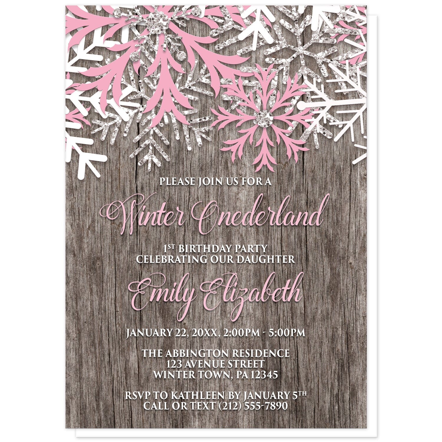 Rustic Wood Pink Snowflake Winter Onederland Invitations at Artistically Invited. Country-inspired rustic wood pink snowflake Winter Onederland invitations designed with pink, white, and silver-colored glitter-illustrated snowflakes along the top over a rustic wood illustration. Your personalized 1st birthday party details are arranged in light pink and white over the rustic wood background below the snowflakes.