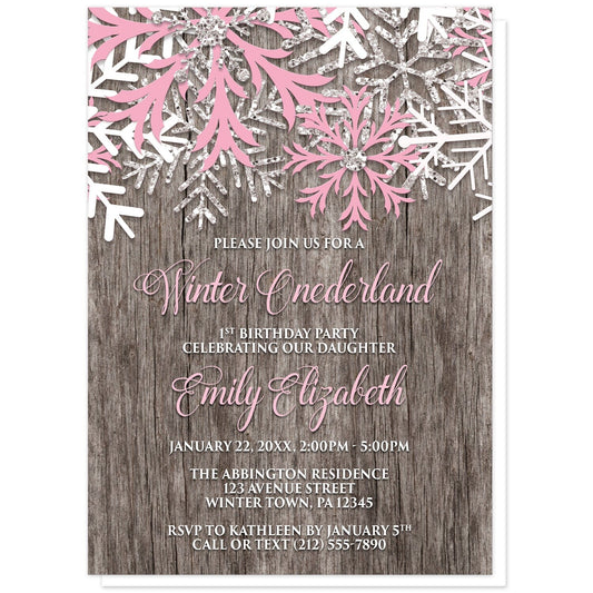 Rustic Wood Pink Snowflake Winter Onederland Invitations at Artistically Invited. Country-inspired rustic wood pink snowflake Winter Onederland invitations designed with pink, white, and silver-colored glitter-illustrated snowflakes along the top over a rustic wood illustration. Your personalized 1st birthday party details are arranged in light pink and white over the rustic wood background below the snowflakes.