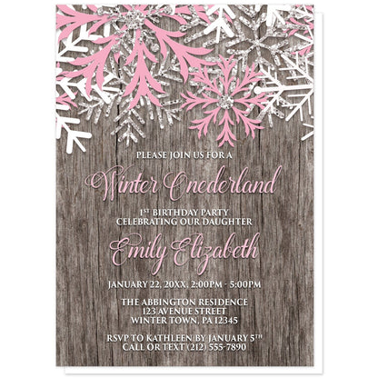 Rustic Wood Pink Snowflake Winter Onederland Invitations at Artistically Invited. Country-inspired rustic wood pink snowflake Winter Onederland invitations designed with pink, white, and silver-colored glitter-illustrated snowflakes along the top over a rustic wood illustration. Your personalized 1st birthday party details are custom printed in light pink and white over the rustic wood background below the snowflakes. 