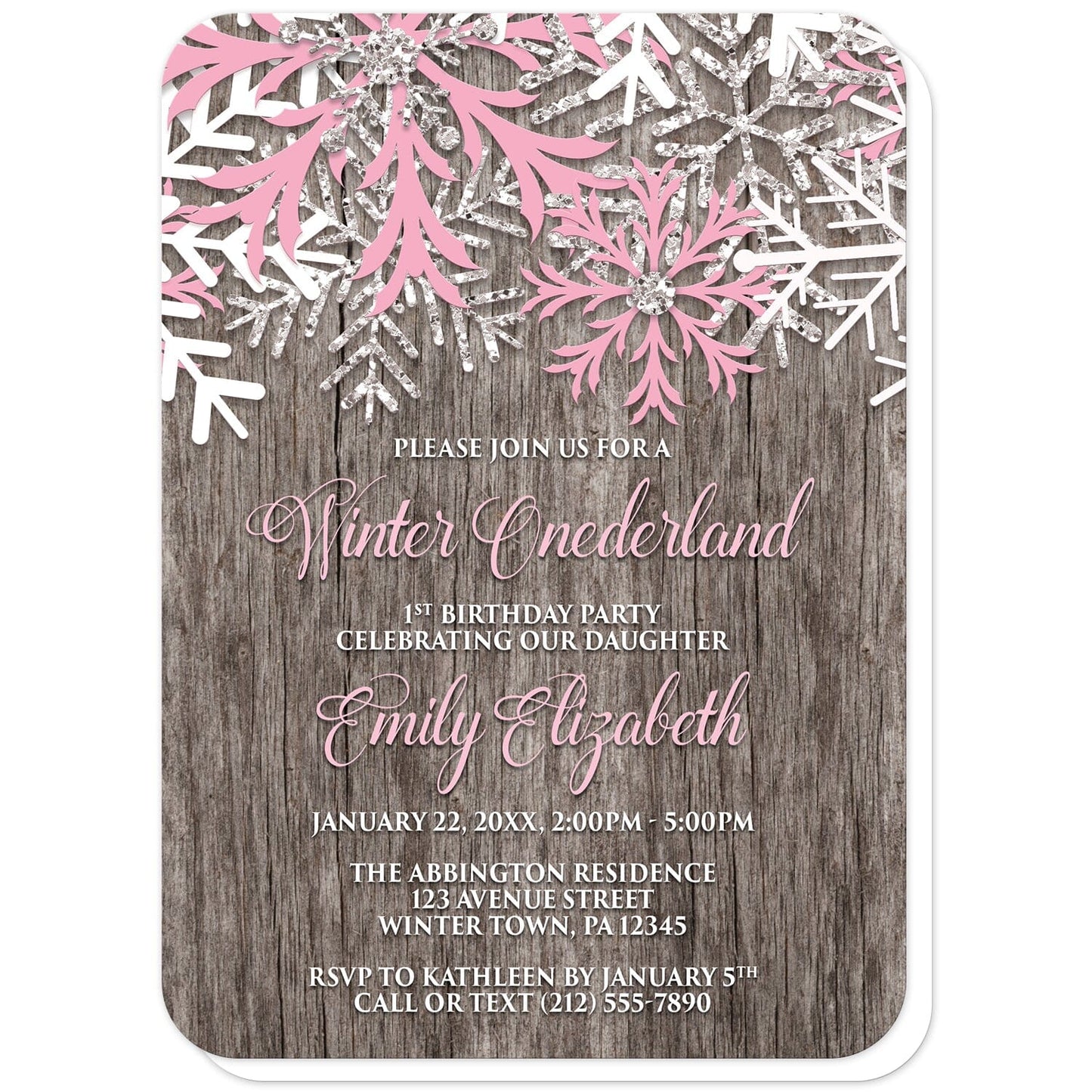Rustic Wood Pink Snowflake Winter Onederland Invitations (with rounded corners) at Artistically Invited. Country-inspired rustic wood pink snowflake Winter Onederland invitations designed with pink, white, and silver-colored glitter-illustrated snowflakes along the top over a rustic wood illustration. Your personalized 1st birthday party details are custom printed in light pink and white over the rustic wood background below the snowflakes. 