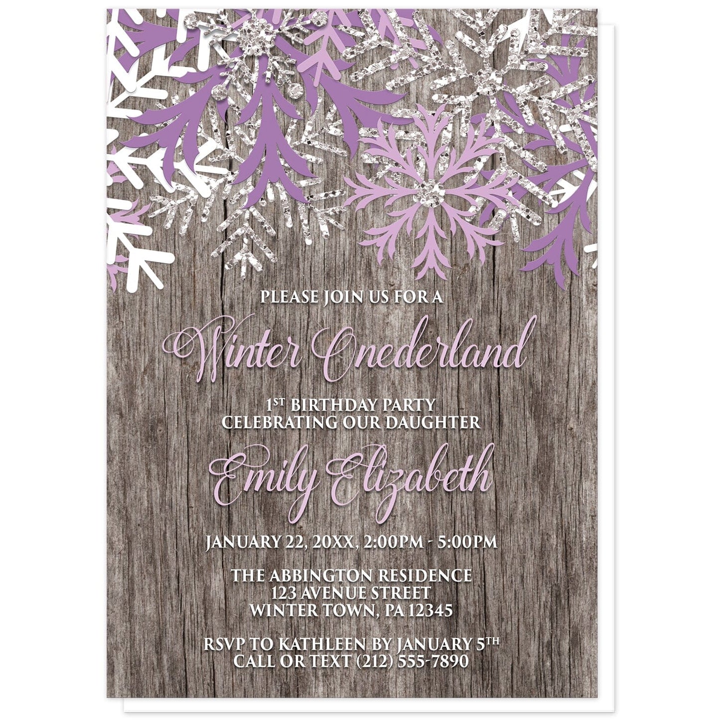Rustic Wood Purple Snowflake Winter Onederland Invitations at Artistically Invited. Country-inspired rustic wood purple snowflake Winter Onederland invitations designed with purple, light purple, white, and silver-colored glitter-illustrated snowflakes along the top over a rustic wood illustration. Your personalized 1st Birthday party details are arranged in light purple and white over the rustic wood background below the snowflakes.