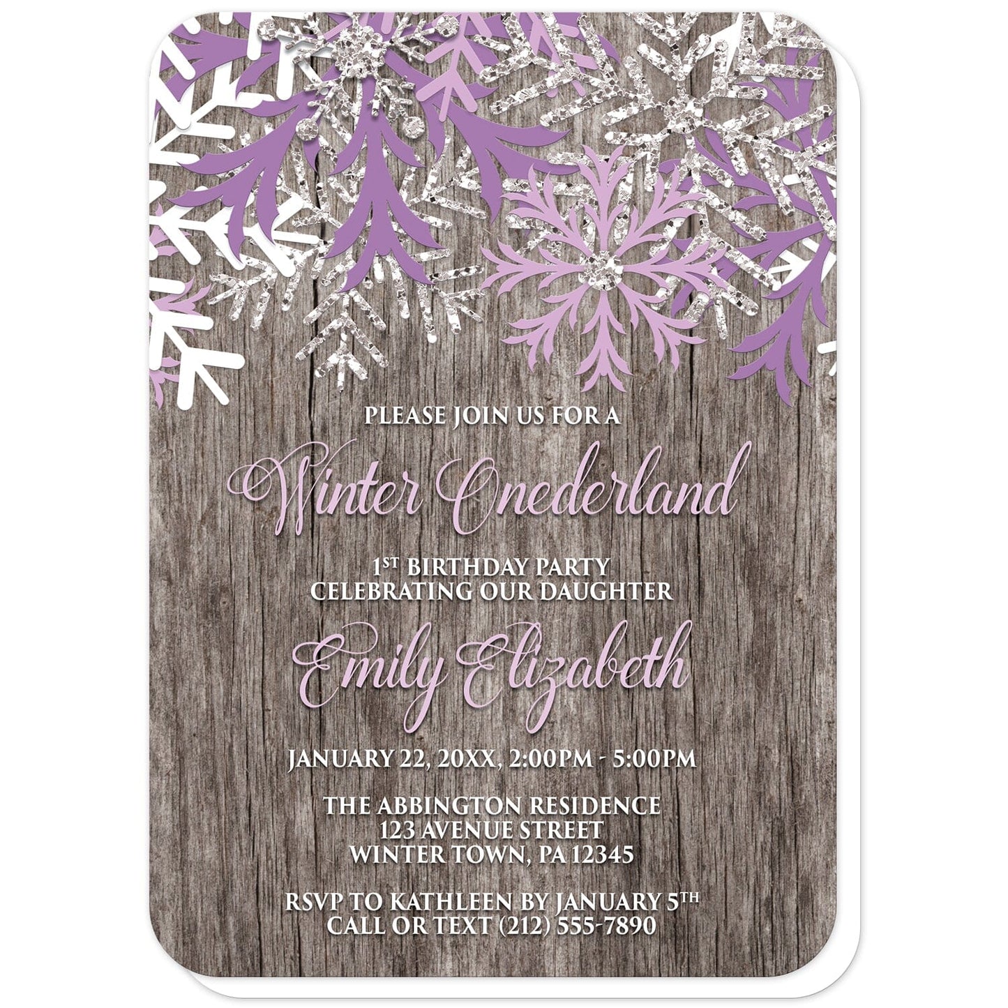 Rustic Wood Purple Snowflake Winter Onederland Invitations (with rounded corners) at Artistically Invited. Country-inspired rustic wood purple snowflake Winter Onederland invitations designed with purple, light purple, white, and silver-colored glitter-illustrated snowflakes along the top over a rustic wood illustration. Your personalized 1st Birthday party details are custom printed in light purple and white over the rustic wood background below the snowflakes.