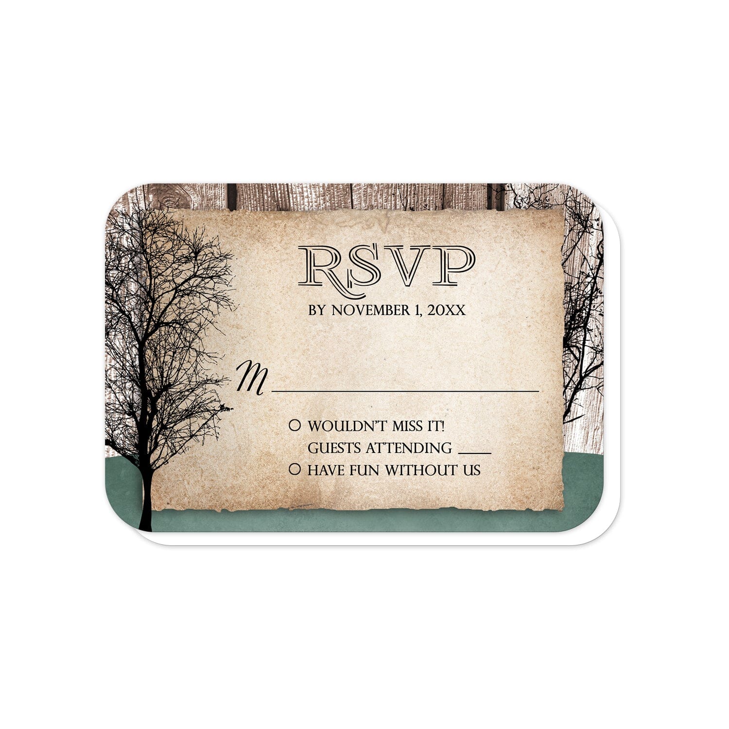 Rustic Woodsy Deer RSVP cards (with rounded corners) at Artistically Invited. Rustic woodsy deer vow renewal invitations designed with silhouettes of a buck deer with antlers, a doe, and winter trees over a wood brown background and a faded hunter green design along the bottom. Your personalized RSVP date details are custom printed in black over a tattered rustic paper illustration between the deer.