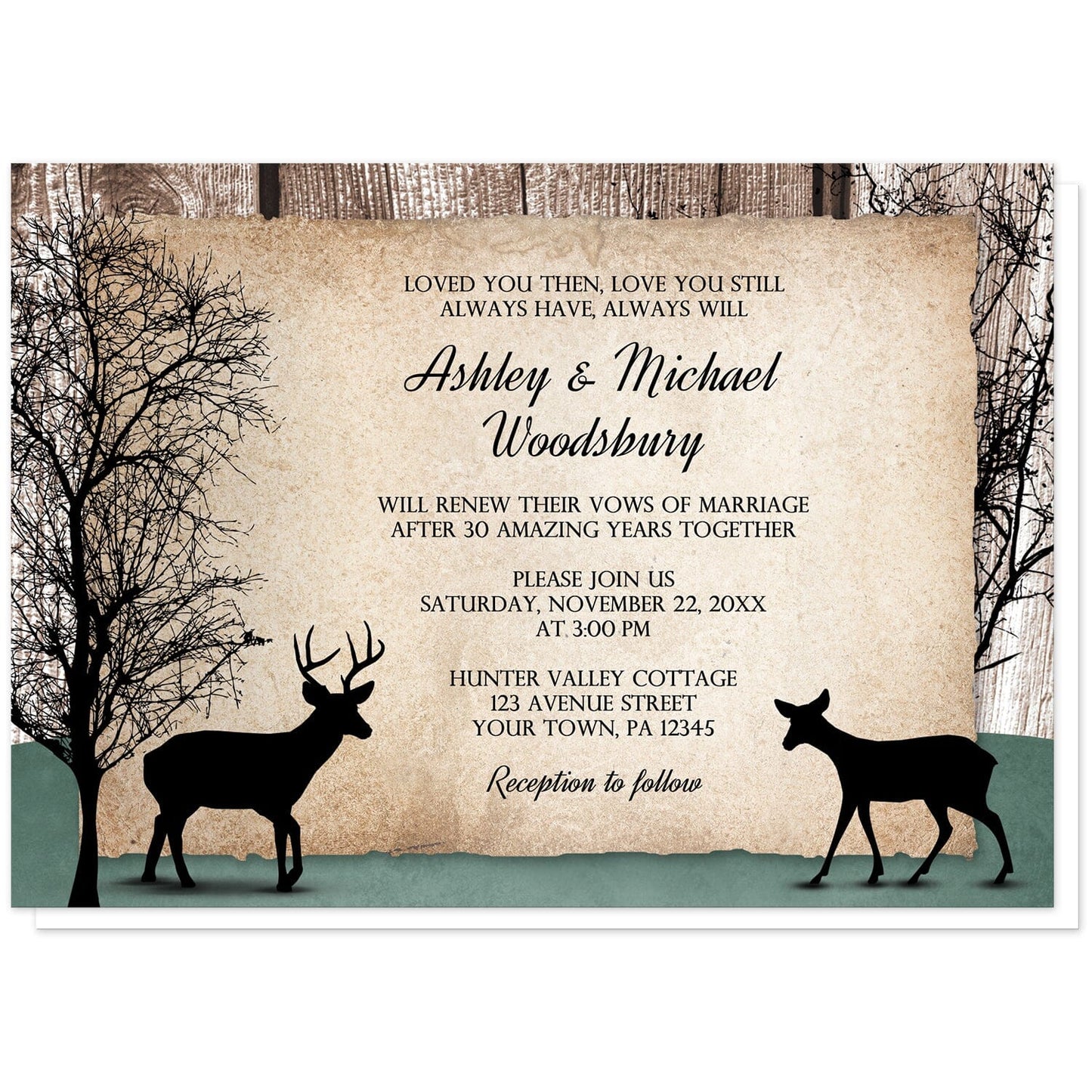 Rustic Woodsy Deer Vow Renewal Invitations at Artistically Invited. Rustic woodsy deer vow renewal invitations designed with silhouettes of a buck deer with antlers, a doe, and winter trees over a wood brown background and a faded hunter green design along the bottom. Your personalized vow renewal celebration details are arranged in black over a tattered rustic paper illustration between the deer.