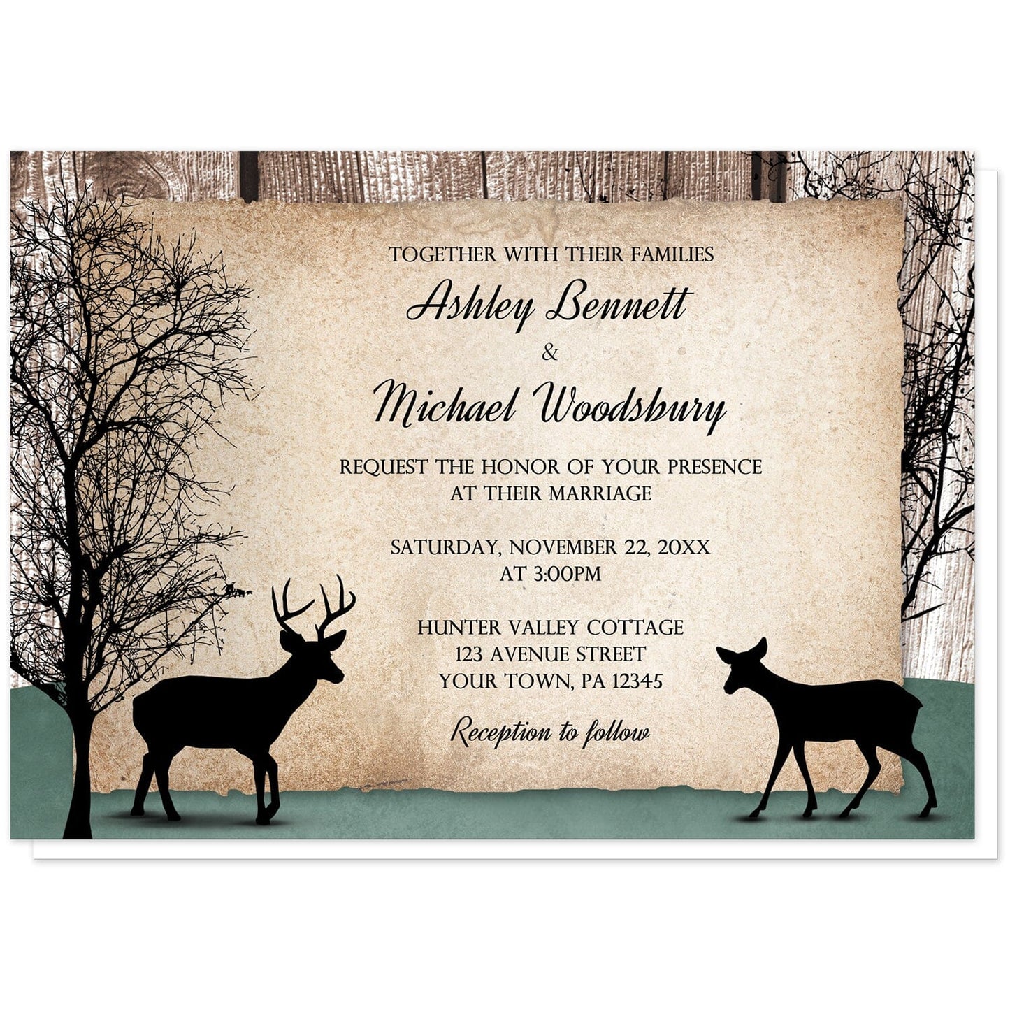 Rustic Woodsy Deer Wedding Invitations at Artistically Invited. Rustic woodsy deer wedding invitations designed with silhouettes of a buck deer with antlers, a doe, and winter trees over a wood brown background and a faded hunter green design along the bottom. Your personalized marriage celebration details are arranged in black over a tattered rustic paper illustration between the deer.