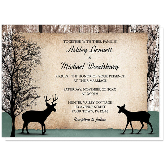 Rustic Woodsy Deer Wedding Invitations at Artistically Invited. Rustic woodsy deer wedding invitations designed with silhouettes of a buck deer with antlers, a doe, and winter trees over a wood brown background and a faded hunter green design along the bottom. Your personalized marriage celebration details are arranged in black over a tattered rustic paper illustration between the deer.