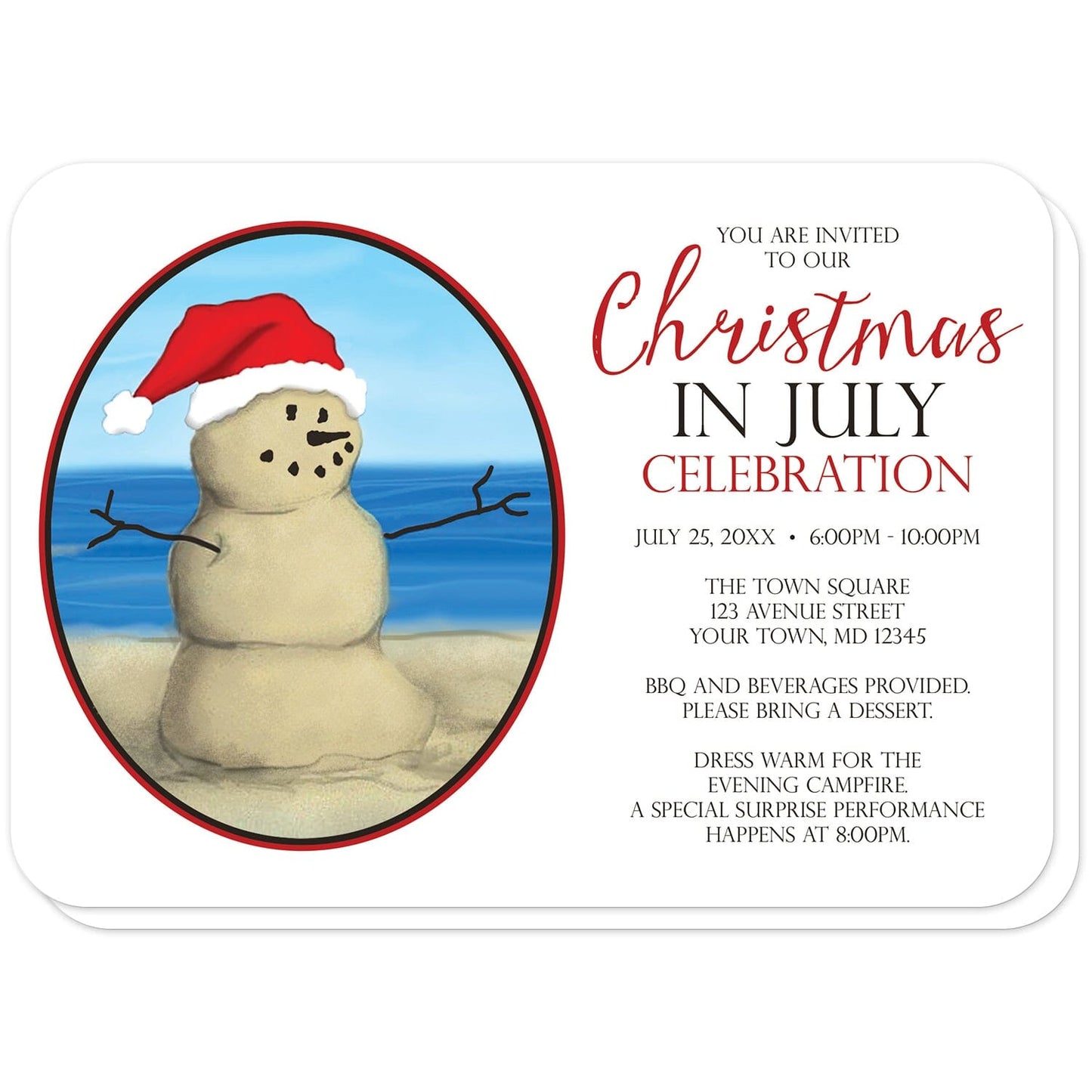 Sand Snowman Christmas in July Invitations (with rounded corners) at Artistically Invited. Modern sand snowman Christmas in July invitations with a unique illustration of a snowman made from sand and wearing a Santa Hat on the beach in front of the open water in an oval frame. Your personalized Christmas in July party details are custom printed in red and black over white to the right of the sand snowman drawing.