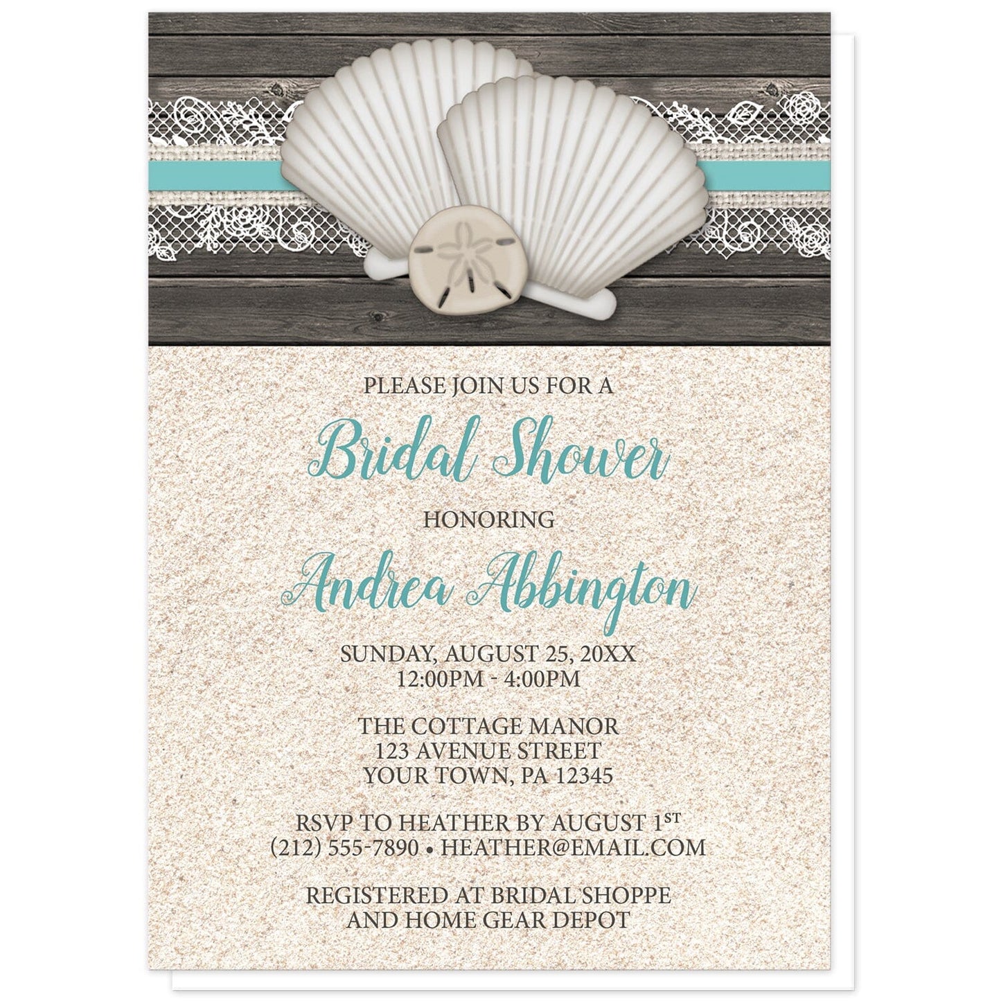 Seashell Lace Wood and Sand Beach Bridal Shower Invitations at Artistically Invited. Rustic seashell lace wood and sand beach bridal shower invitations with two seashells and a sand dollar on a teal, burlap and lace ribbon over a dark brown wood pattern along the top. Your personalized bridal shower celebration details are arranged in dark brown and teal over a beige sand background design below the seashells.