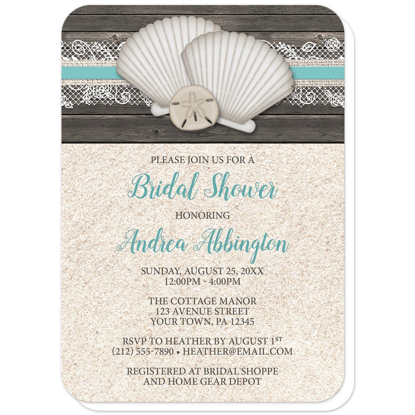 Seashell Lace Wood and Sand Beach Bridal Shower Invitations (with rounded corners) at Artistically Invited. Rustic seashell lace wood and sand beach bridal shower invitations with two seashells and a sand dollar on a teal, burlap and lace ribbon over a dark brown wood pattern along the top. Your personalized bridal shower celebration details are custom printed in dark brown and teal over a beige sand background design below the seashells.