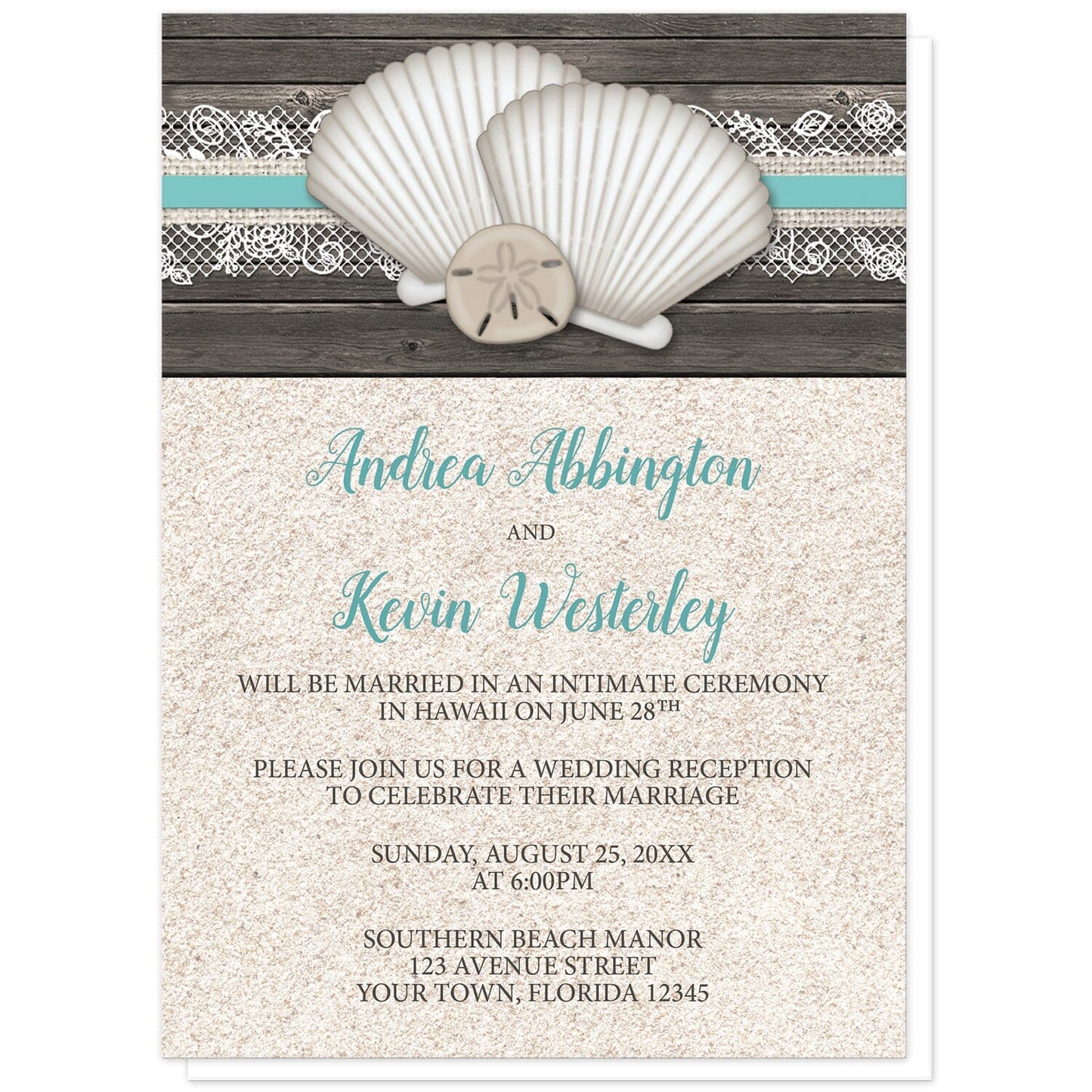 Seashell Lace Wood and Sand Beach Reception Only Invitations at Artistically Invited. Rustic seashell lace wood and sand beach reception only invitations with two seashells and a sand dollar on a teal, burlap and lace ribbon over a dark brown wood pattern along the top. Your personalized post-wedding reception details are arranged in dark brown and teal over a beige sand background design below the seashells.