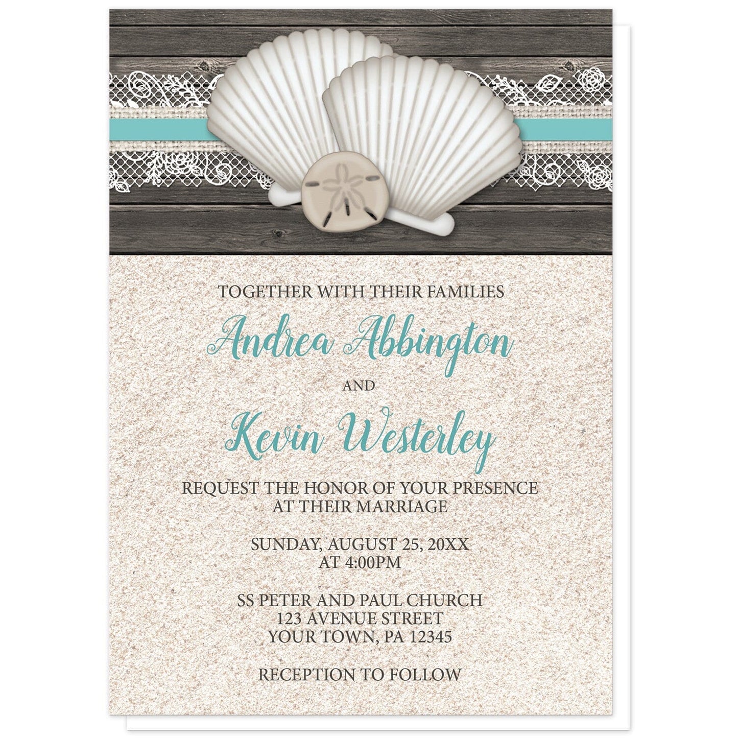 Seashell Lace Wood and Sand Beach Wedding Invitations at Artistically Invited. Rustic seashell lace wood and sand beach wedding invitations with two seashells and a sand dollar on a teal, burlap and lace ribbon over a dark brown wood pattern along the top. Your personalized marriage celebration details are arranged in dark brown and teal over a beige sand background design below the seashells.