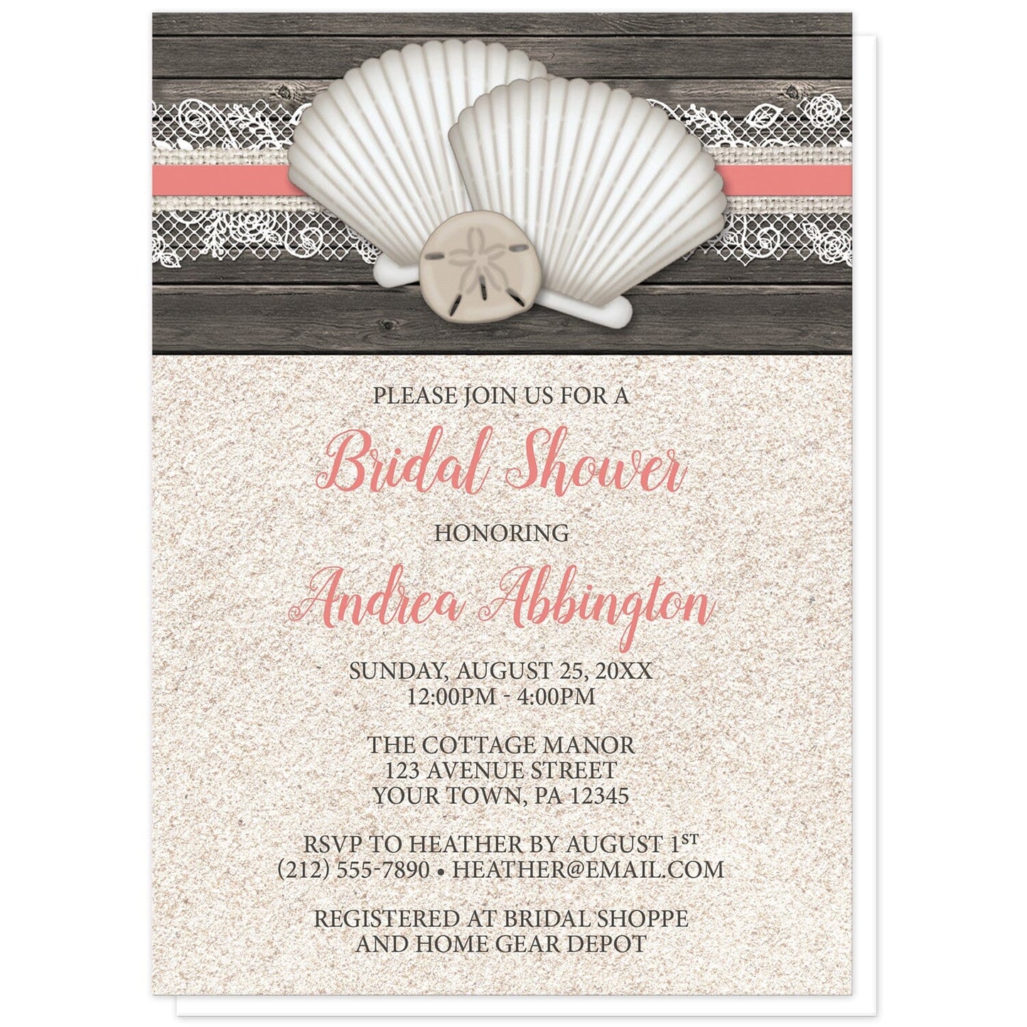 Seashell Lace Wood and Sand Coral Beach Bridal Shower Invitations at Artistically Invited. Rustic seashell lace wood and sand coral beach bridal shower invitations with two seashells and a sand dollar on a coral, burlap and lace ribbon over a dark brown wood pattern along the top. Your personalized bridal shower celebration details are arranged in dark brown and coral over a beige sand background design below the seashells.