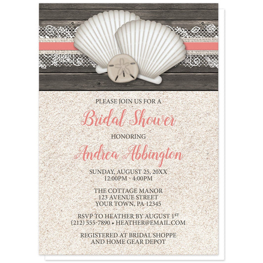 Seashell Lace Wood and Sand Coral Beach Bridal Shower Invitations at Artistically Invited. Rustic seashell lace wood and sand coral beach bridal shower invitations with two seashells and a sand dollar on a coral, burlap and lace ribbon over a dark brown wood pattern along the top. Your personalized bridal shower celebration details are arranged in dark brown and coral over a beige sand background design below the seashells.