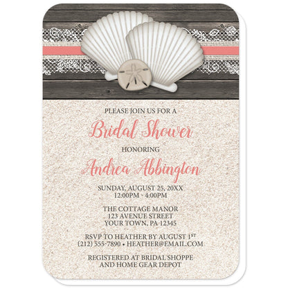 Seashell Lace Wood and Sand Coral Beach Bridal Shower Invitations (with rounded corners) at Artistically Invited. Rustic seashell lace wood and sand coral beach bridal shower invitations with two seashells and a sand dollar on a coral, burlap and lace ribbon over a dark brown wood pattern along the top. Your personalized bridal shower celebration details are custom printed in dark brown and coral over a beige sand background design below the seashells.