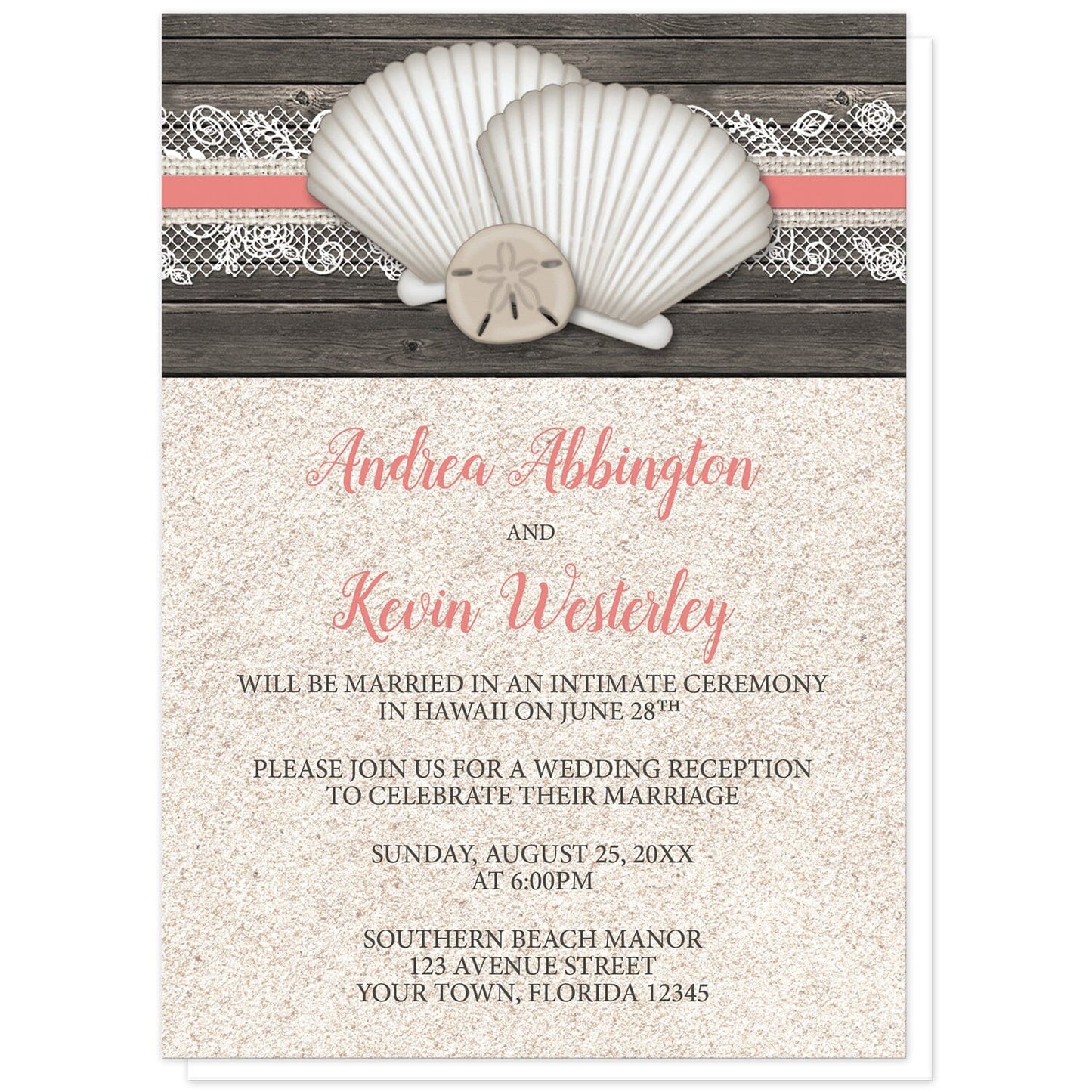 Seashell Lace Wood and Sand Coral Beach Reception Only Invitations at Artistically Invited. Rustic seashell lace wood and sand coral beach reception only invitations with two seashells and a sand dollar on a coral, burlap and lace ribbon over a dark brown wood pattern along the top. Your personalized post-wedding reception details are arranged in dark brown and coral over a beige sand background design below the seashells.